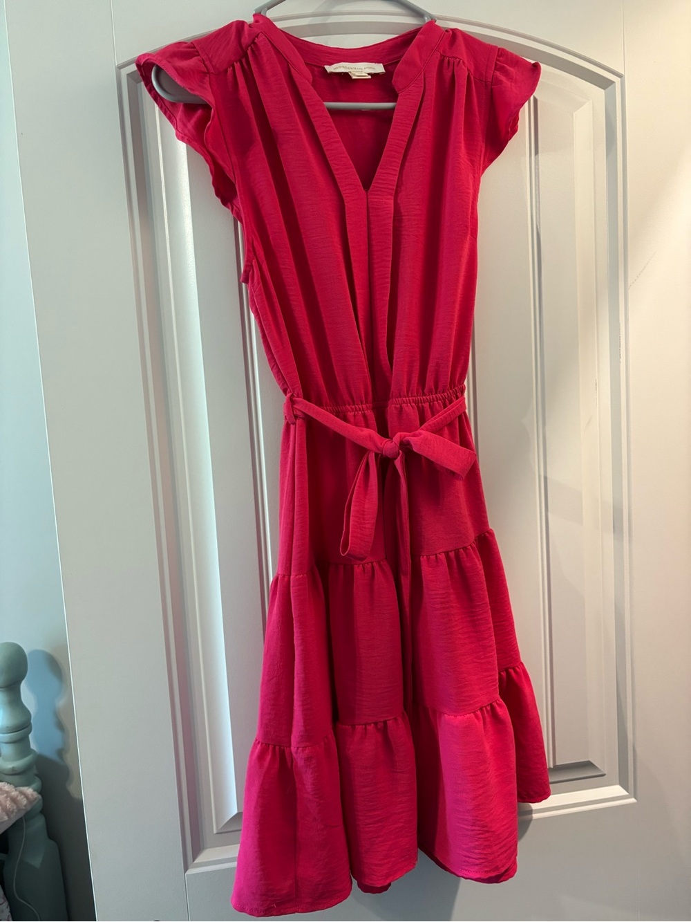 Monteau Hot Pink Tiered V-Neck Mini Dress with Waist Tie